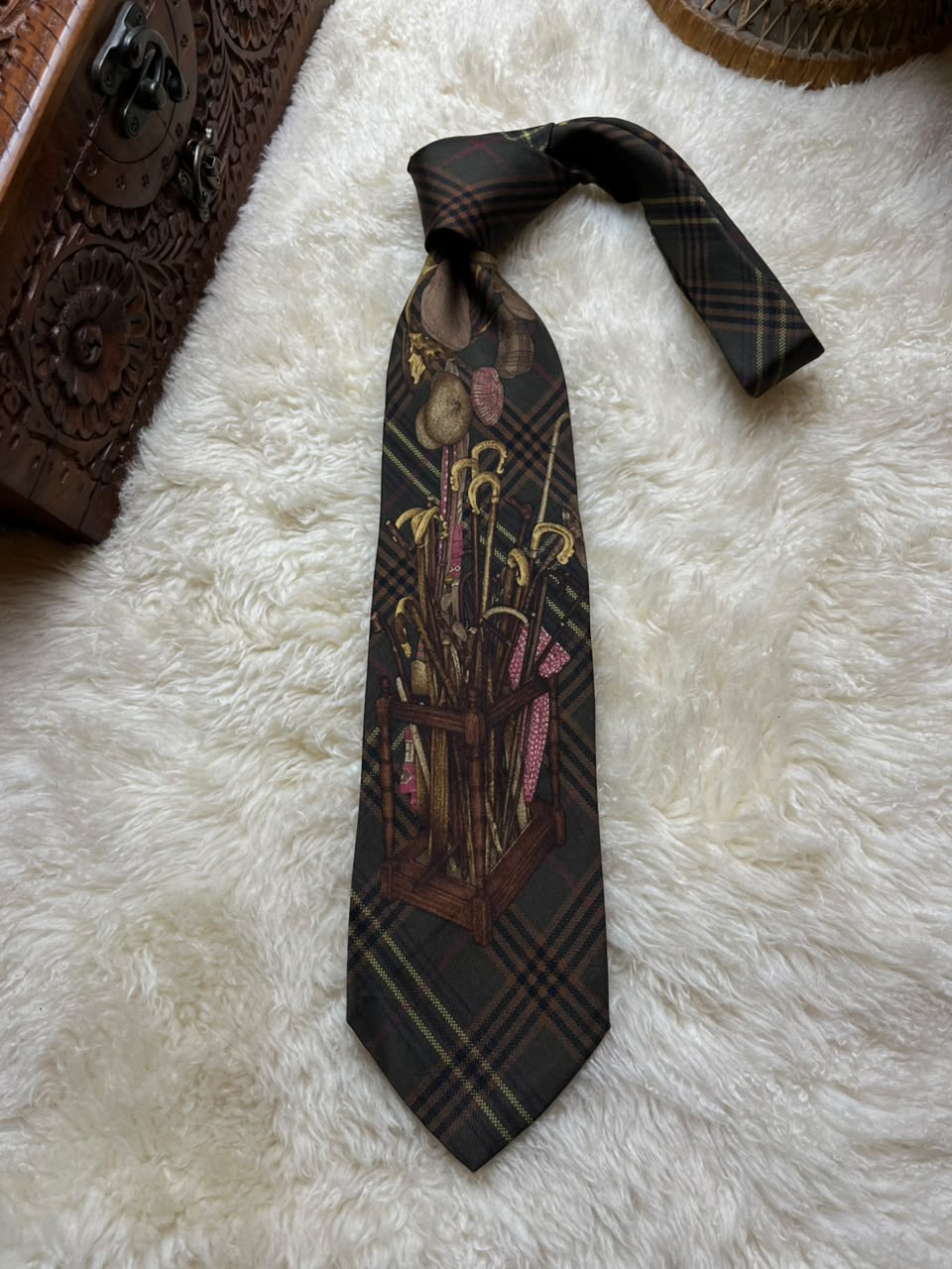 Polo Ralph Lauren Vintage Silk Tie Mens Plaid Umbrella Walking Stick Stand USA Made
