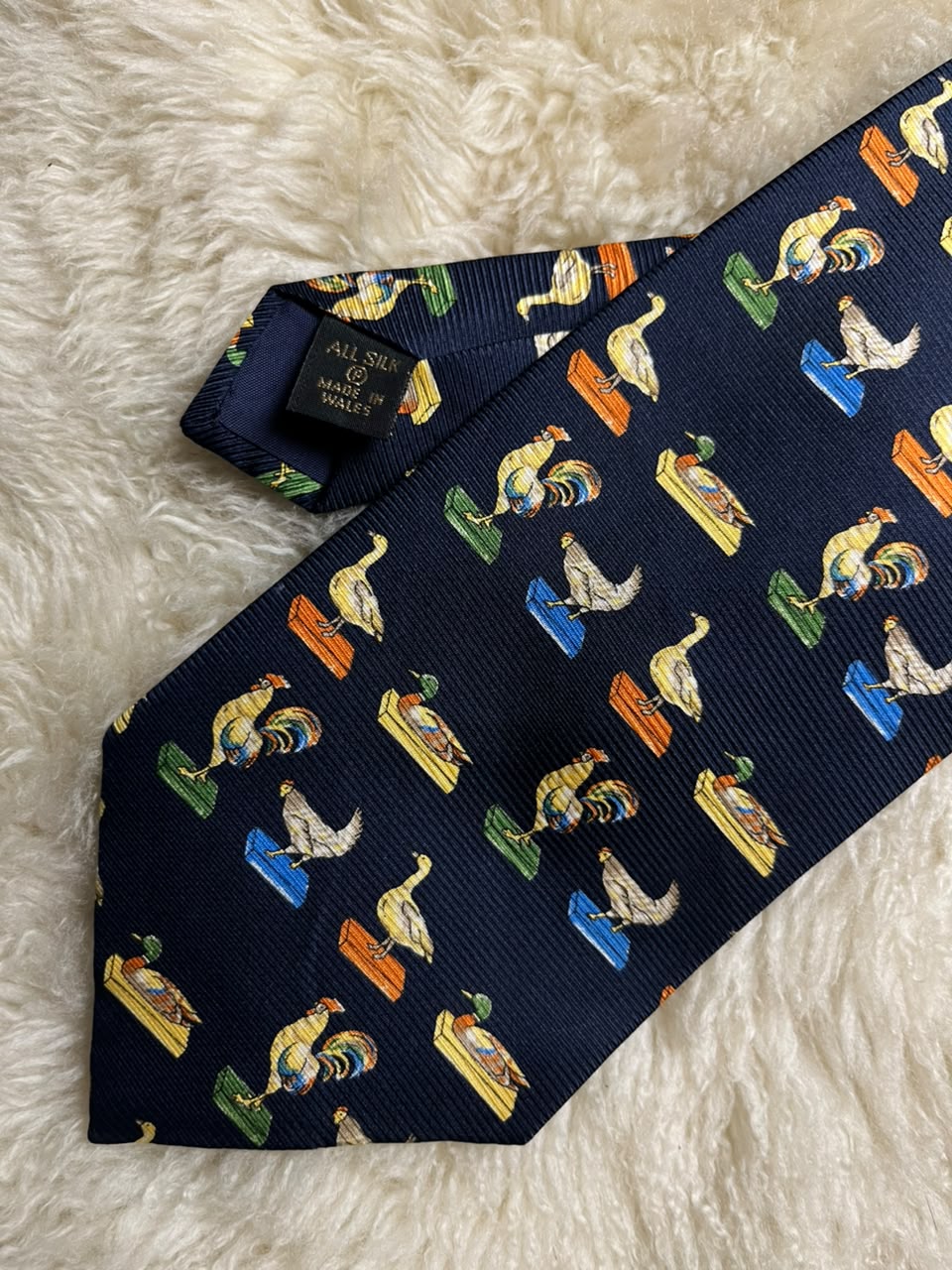 Pakeman Catto & Carter Silk Tie Mens Navy Farm Birds Rooster Duck Goose Wales