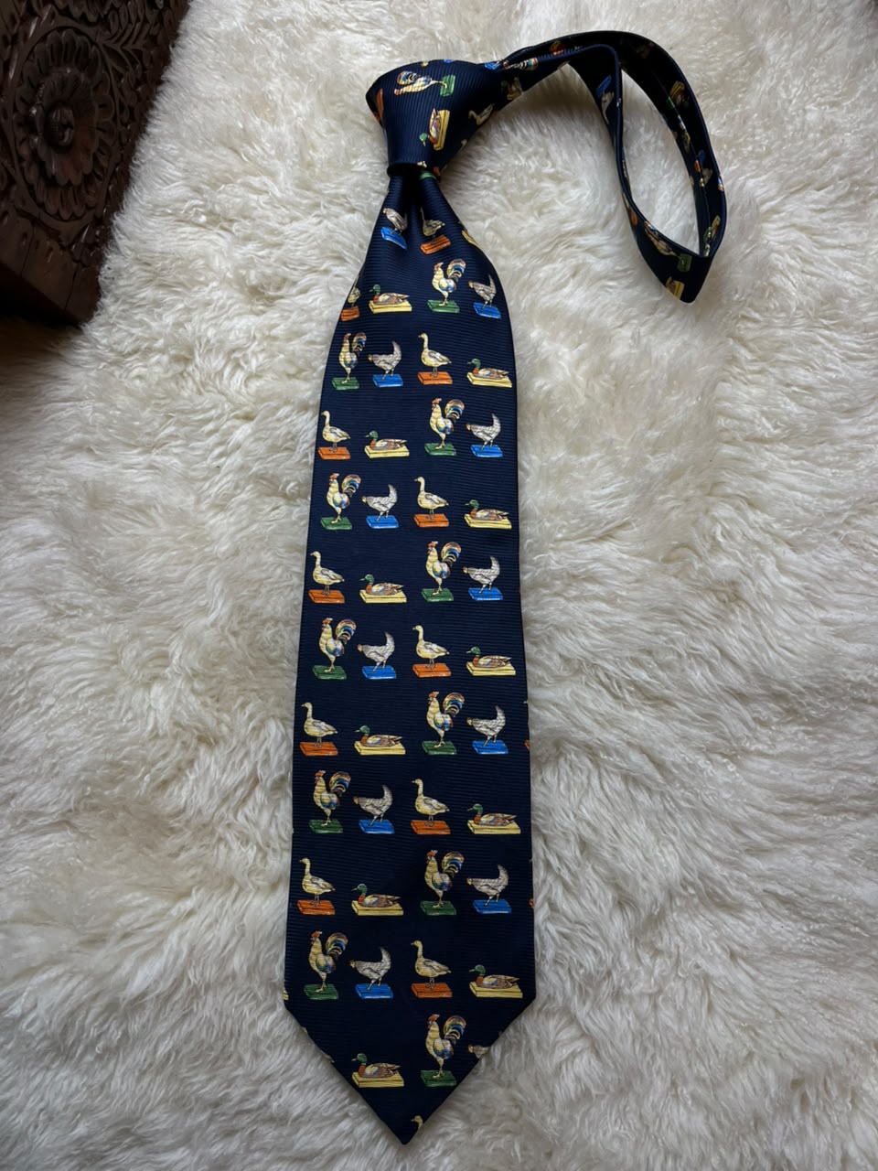 Pakeman Catto & Carter Silk Tie Mens Navy Farm Birds Rooster Duck Goose Wales