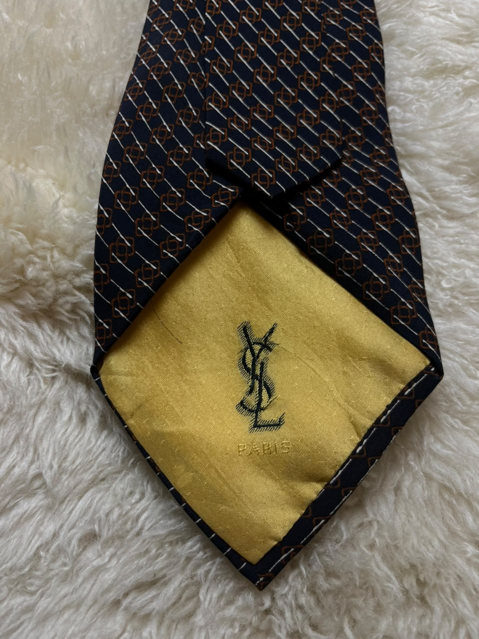 Yves Saint Laurent Silk Tie Mens Navy Geometric Chain Stripe YSL Paris Yellow Tip