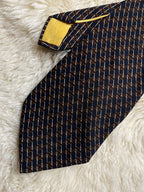 Yves Saint Laurent Silk Tie Mens Navy Geometric Chain Stripe YSL Paris Yellow Tip