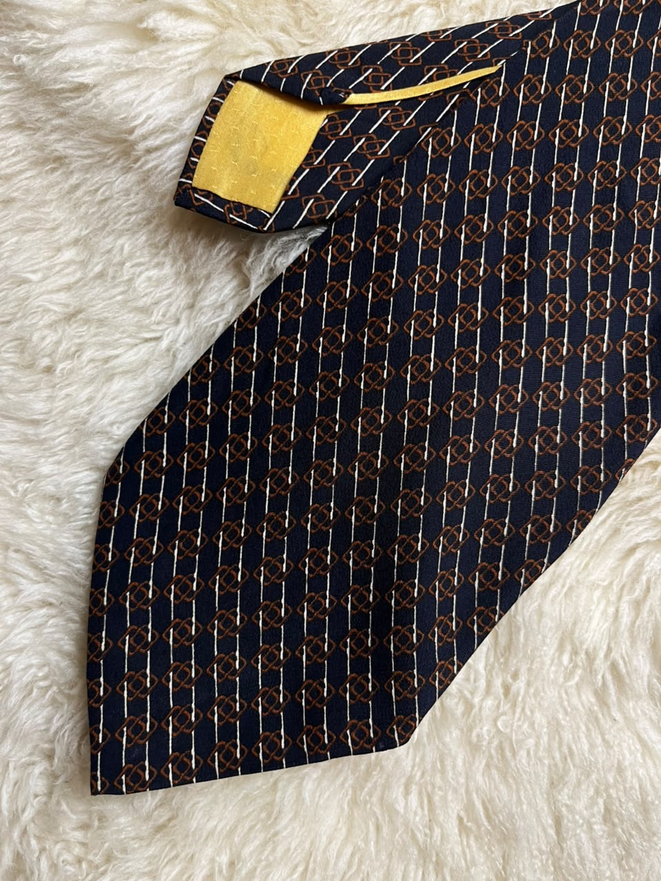 Yves Saint Laurent Silk Tie Mens Navy Geometric Chain Stripe YSL Paris Yellow Tip