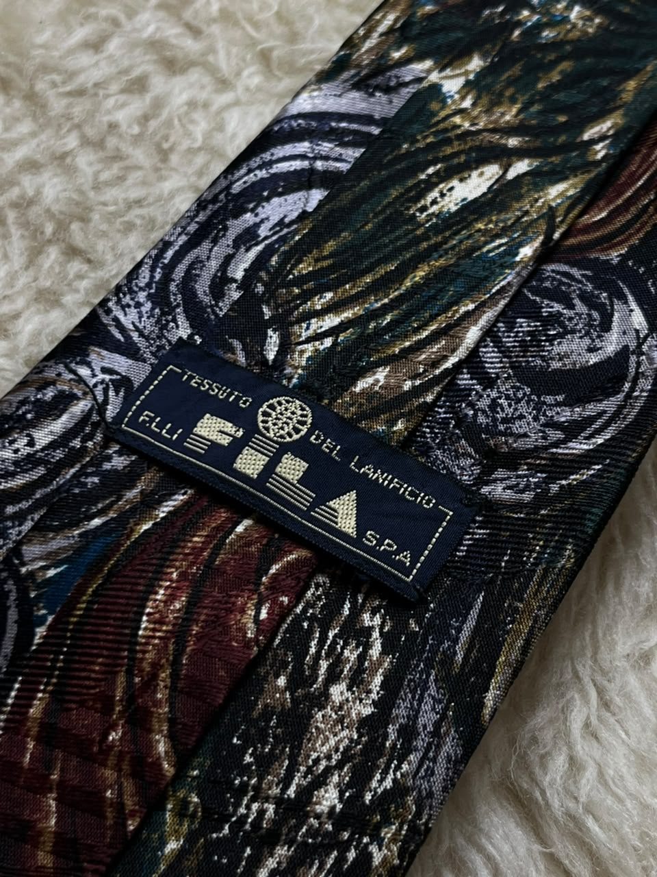 F.LLI FILA Lanificio 100% Silk Tie Mens Abstract Swirl Painterly Italian Fabric Japanese Made