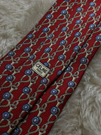 CELINE Paris Vintage Silk Tie Mens Red Equestrian Horsebit Chain Link Italy