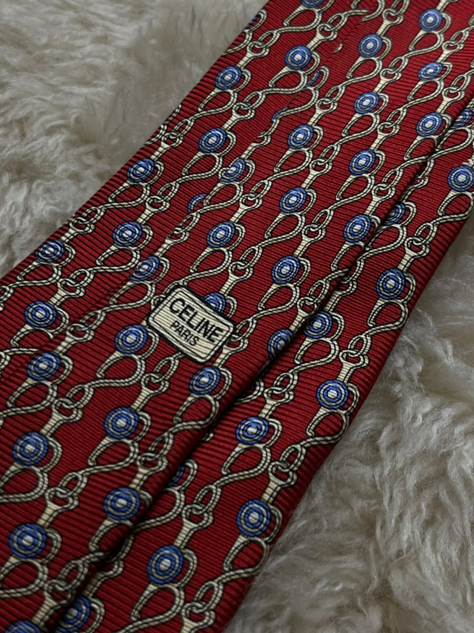 CELINE Paris Vintage Silk Tie Mens Red Equestrian Horsebit Chain Link Italy