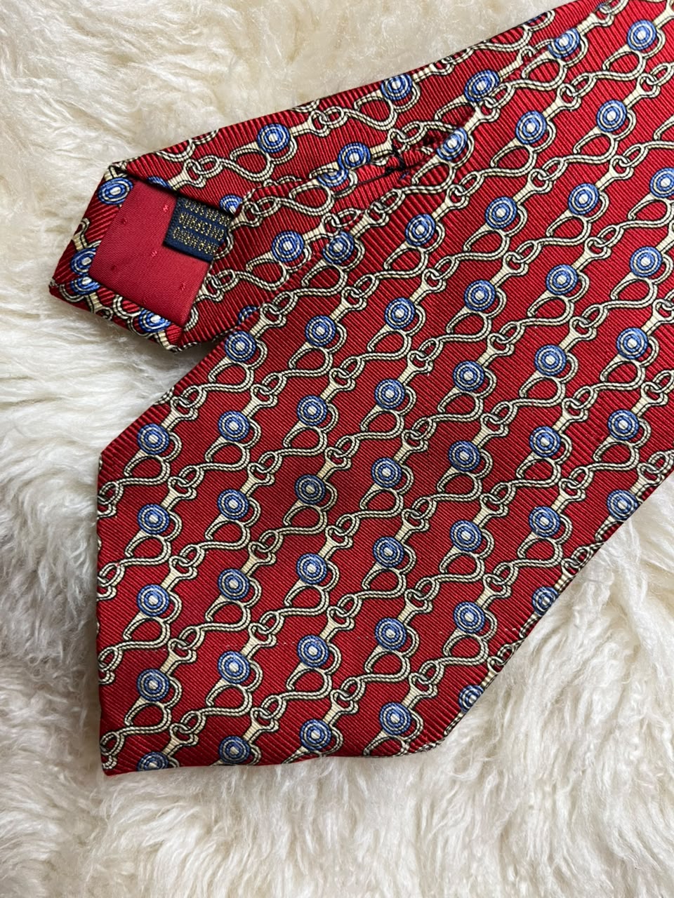 CELINE Paris Vintage Silk Tie Mens Red Equestrian Horsebit Chain Link Italy