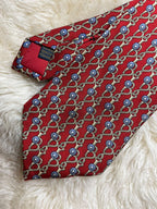 CELINE Paris Vintage Silk Tie Mens Red Equestrian Horsebit Chain Link Italy