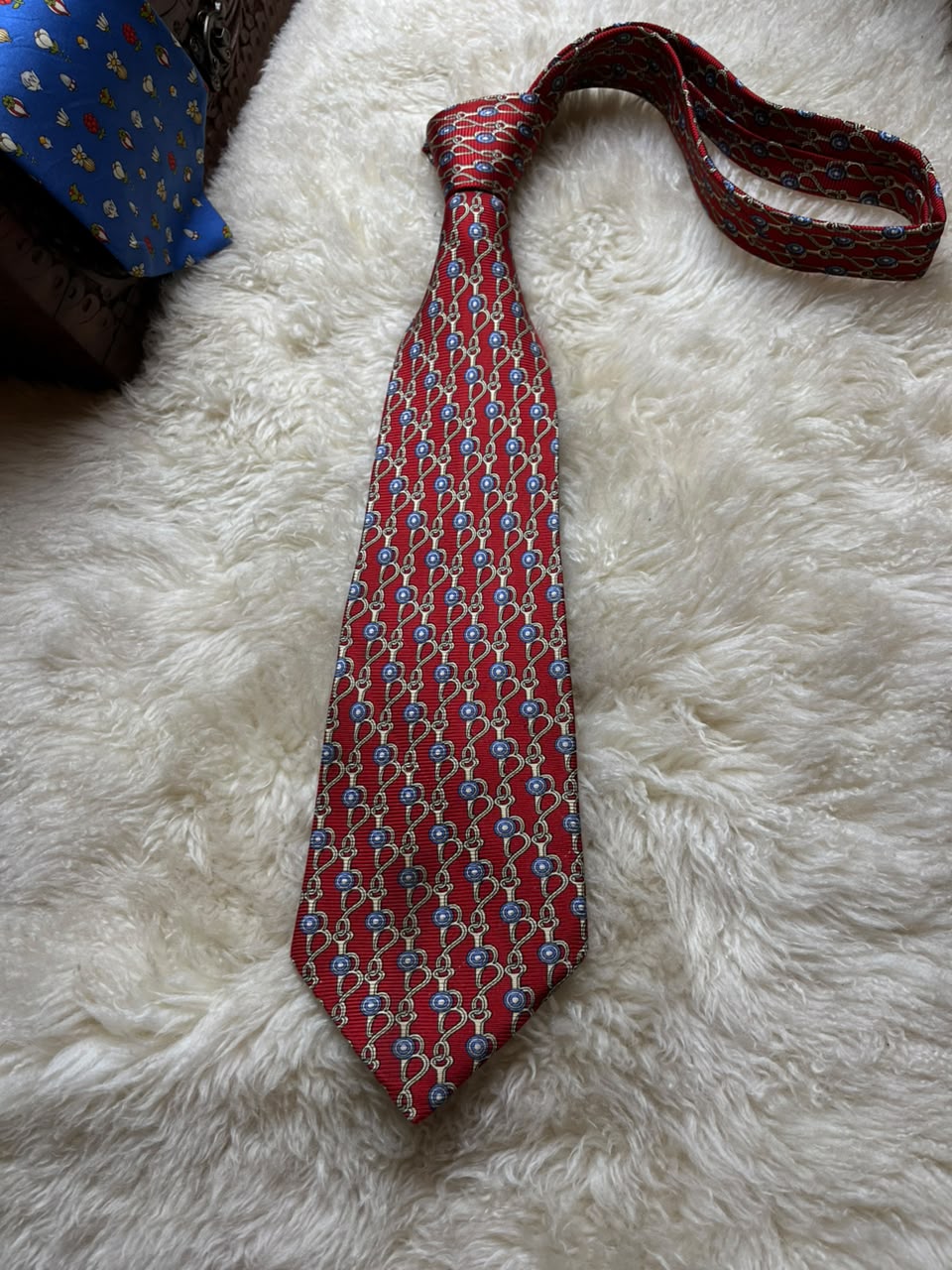 CELINE Paris Vintage Silk Tie Mens Red Equestrian Horsebit Chain Link Italy
