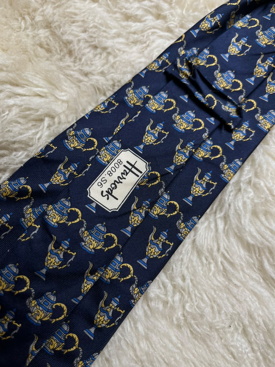 Harrods Knightsbridge Silk Tie Mens Navy Blue Antique Teapot Urn Porcelain England
