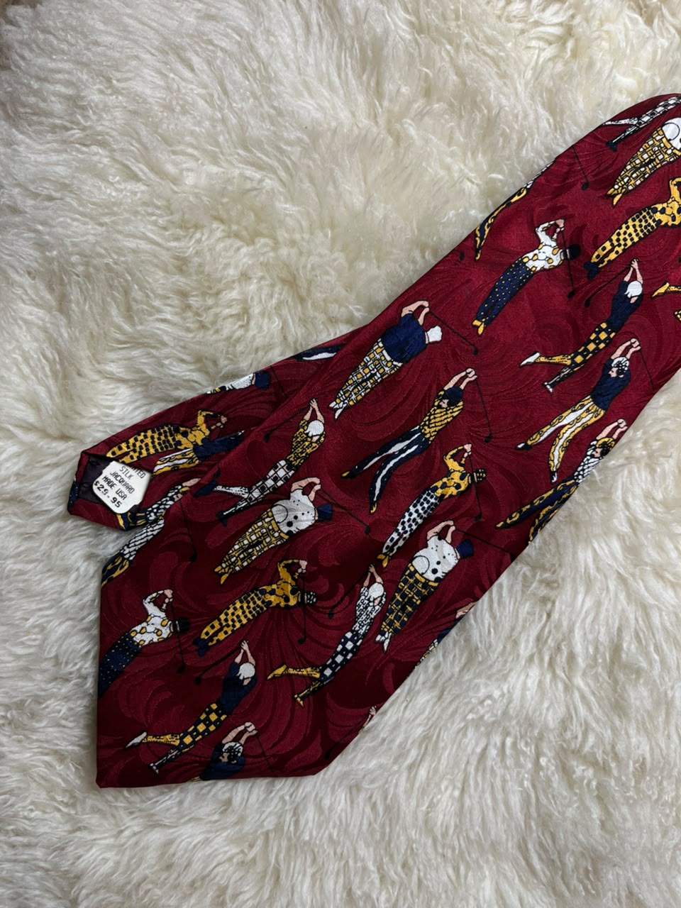 Barry Wells Silk Tie Mens Burgundy Red Golfers Swings Jacquard Made in USA