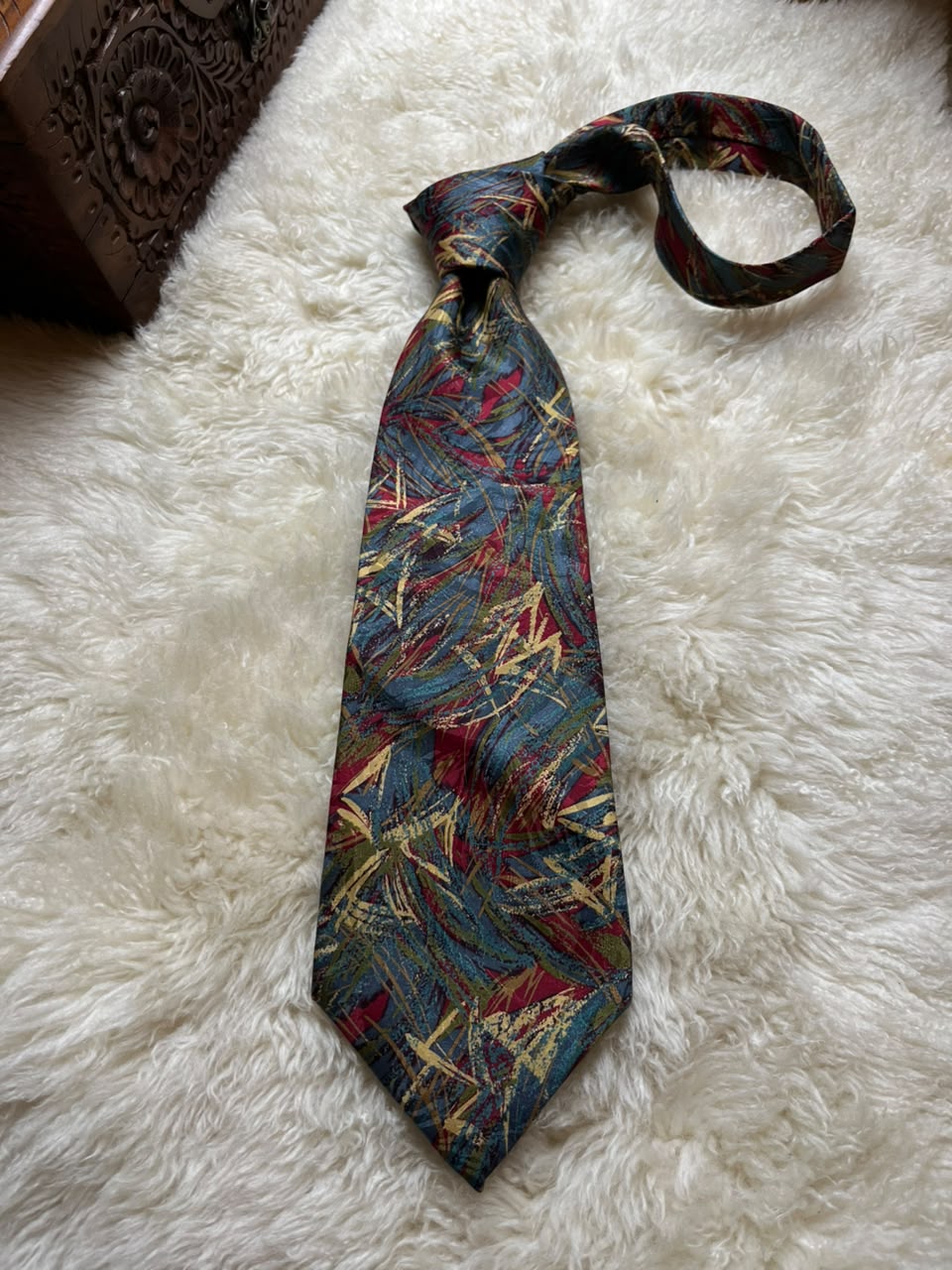 Laurence 100% Silk Tie Mens Abstract Paint Brushstroke Teal Burgundy Gold Tie