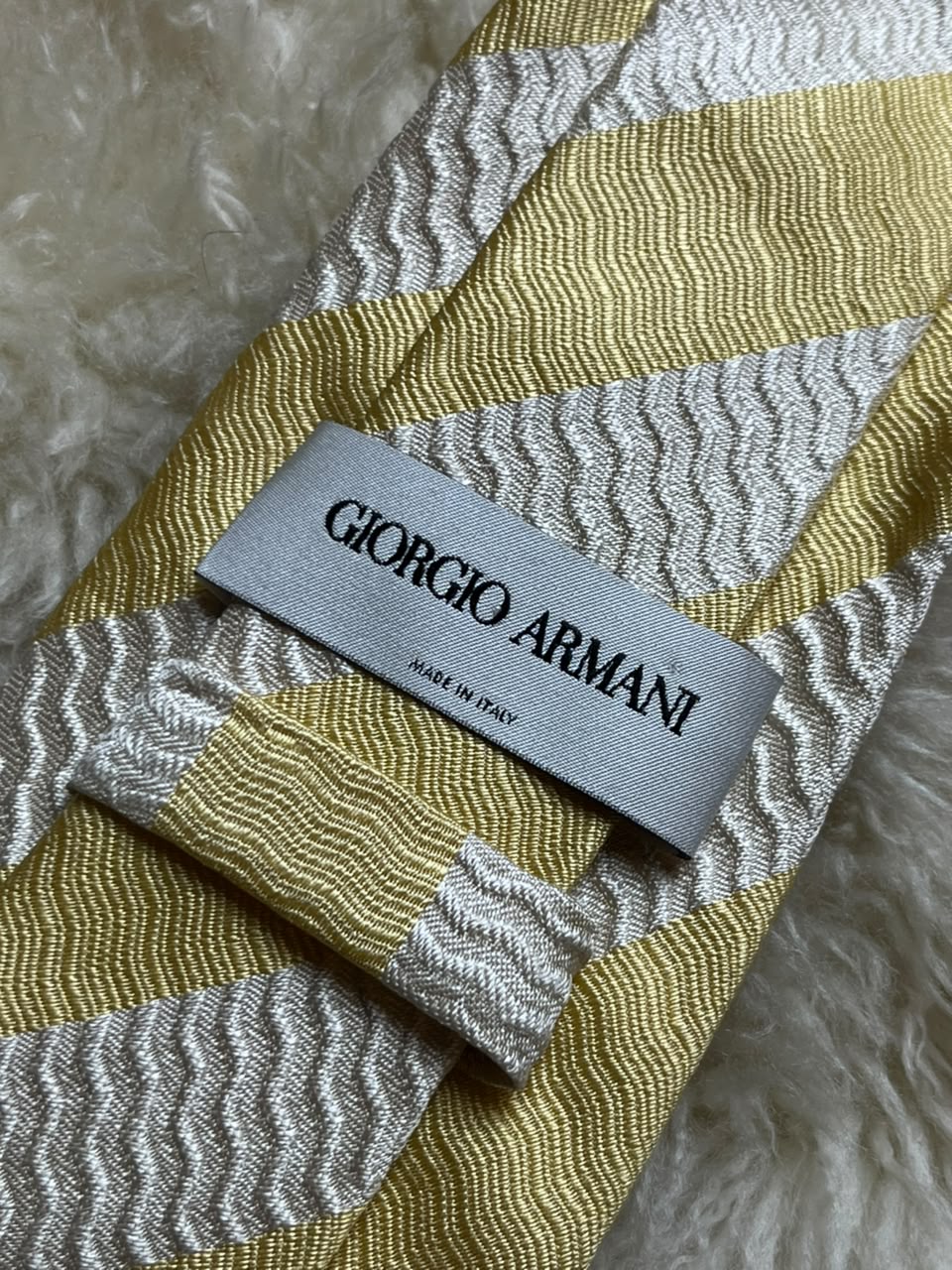 Giorgio Armani Silk Tie Mens Yellow Silver White Textured Diagonal Stripe Italy