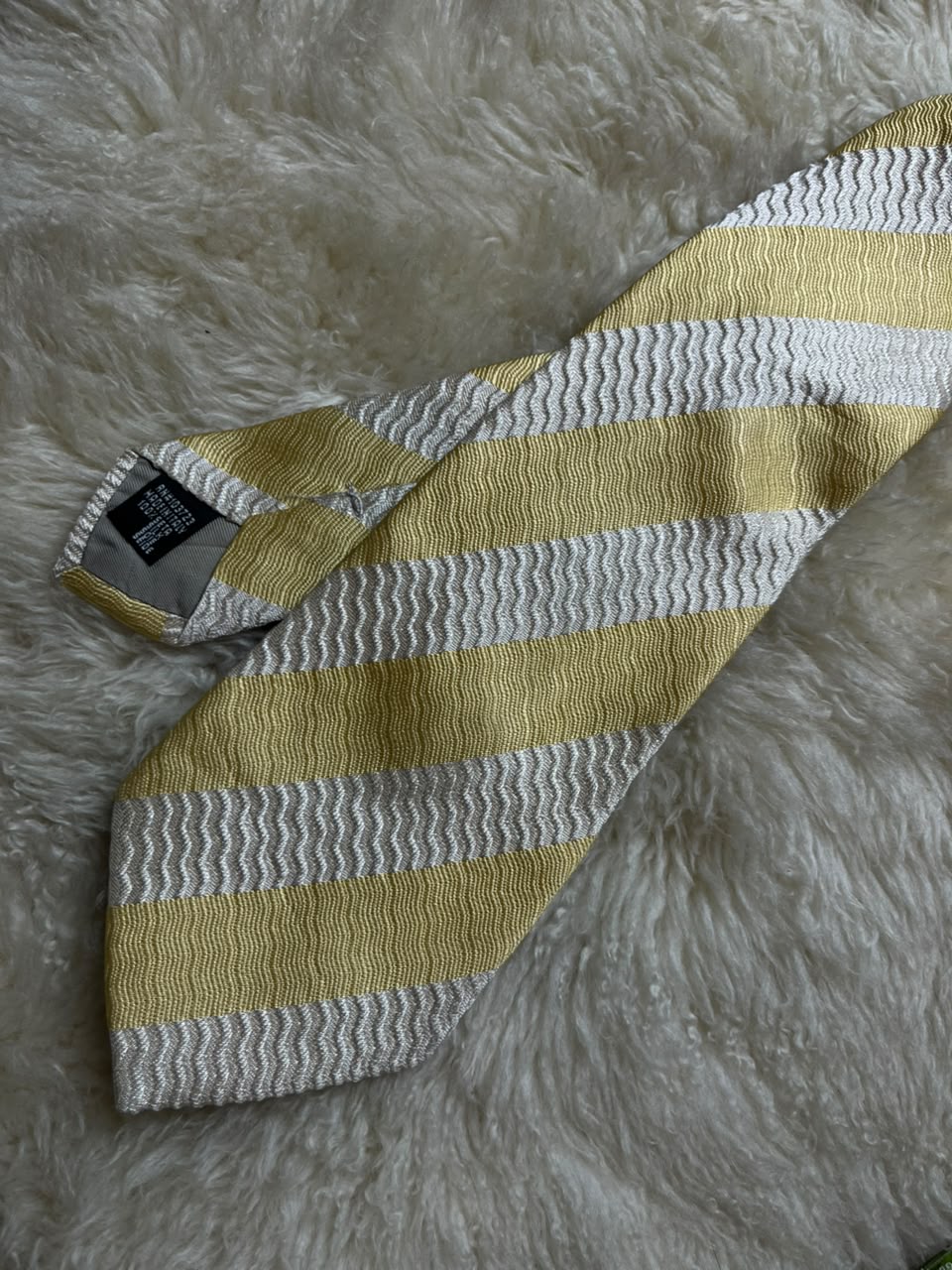 Giorgio Armani Silk Tie Mens Yellow Silver White Textured Diagonal Stripe Italy