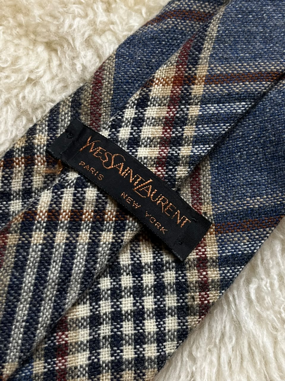 Vintage Yves Saint Laurent Mens Tie Plaid Tweed Wool Blend Blue YSL Paris New York
