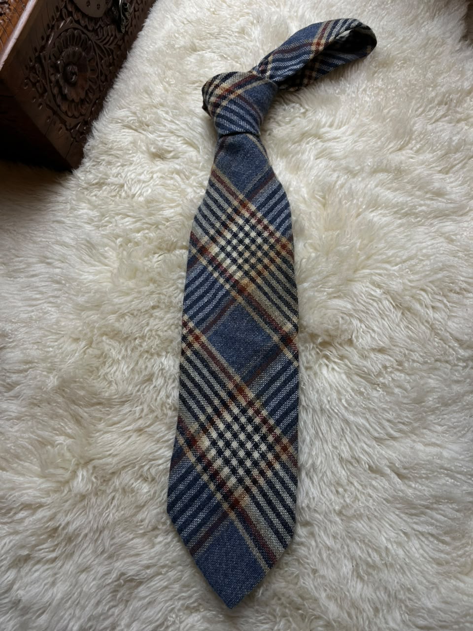 Vintage Yves Saint Laurent Mens Tie Plaid Tweed Wool Blend Blue YSL Paris New York