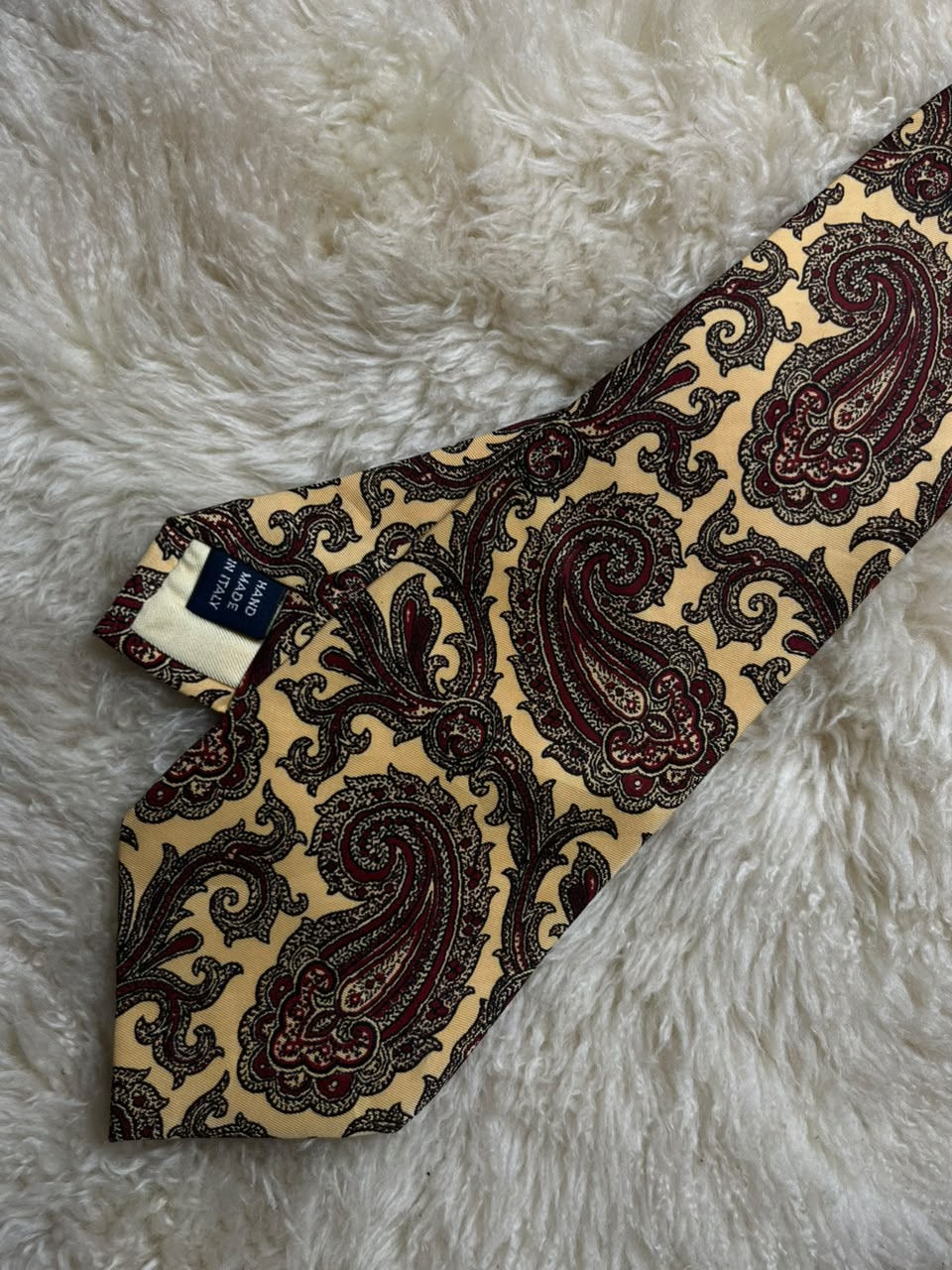 Vintage Silk Tie Mens Gold Yellow Burgundy Paisley Made in Italy Hand Made Classic