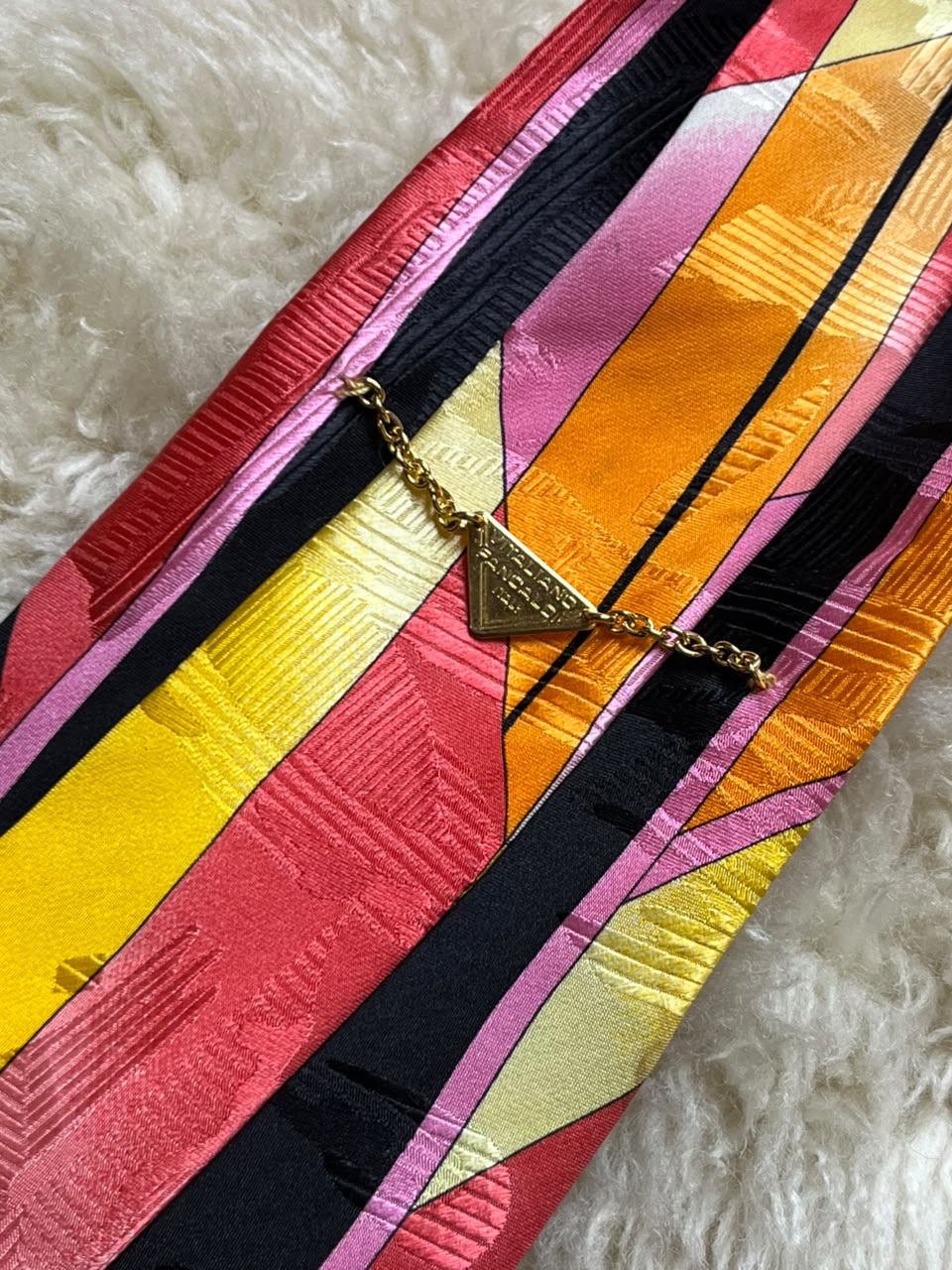 Vitaliano Pancaldi Italy 100% Silk Tie Mens Abstract Art Deco Multicolor Gold Chain