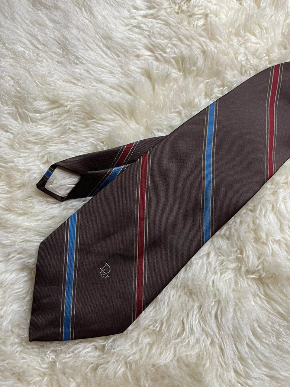 Christian Dior Vintage Tie Mens Brown Diagonal Stripe Embroidered Logo Woven Italy USA