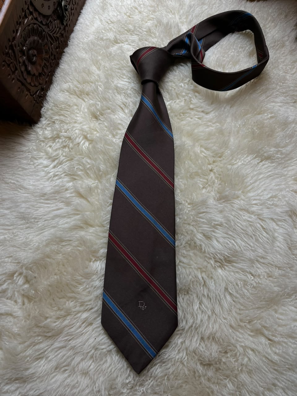 Christian Dior Vintage Tie Mens Brown Diagonal Stripe Embroidered Logo Woven Italy USA