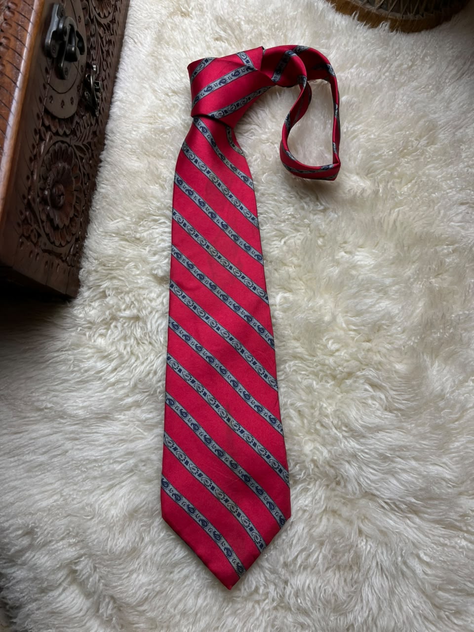 Christian Dior Vintage Silk Necktie Mens Red Diagonal Stripe Paisley Woven Italy USA