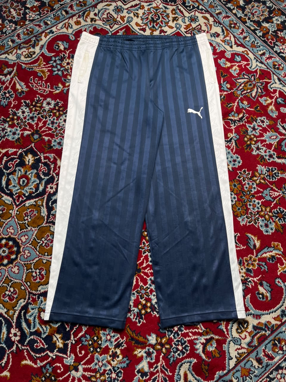 Vintage Puma Stripe Navy Blue White Side Panel Wide Leg trousers - 38