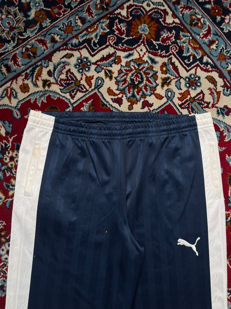 Vintage Puma Stripe Navy Blue White Side Panel Wide Leg trousers - 38