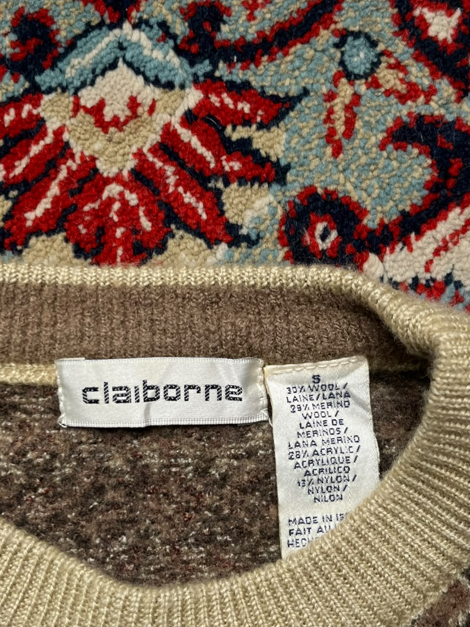 Claiborne Fair Isle Geometric Wool Crewneck Sweater - M