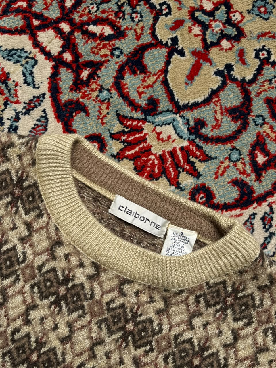 Claiborne Fair Isle Geometric Wool Crewneck Sweater - M