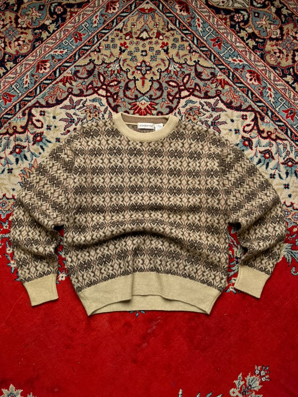 Claiborne Fair Isle Geometric Wool Crewneck Sweater - M