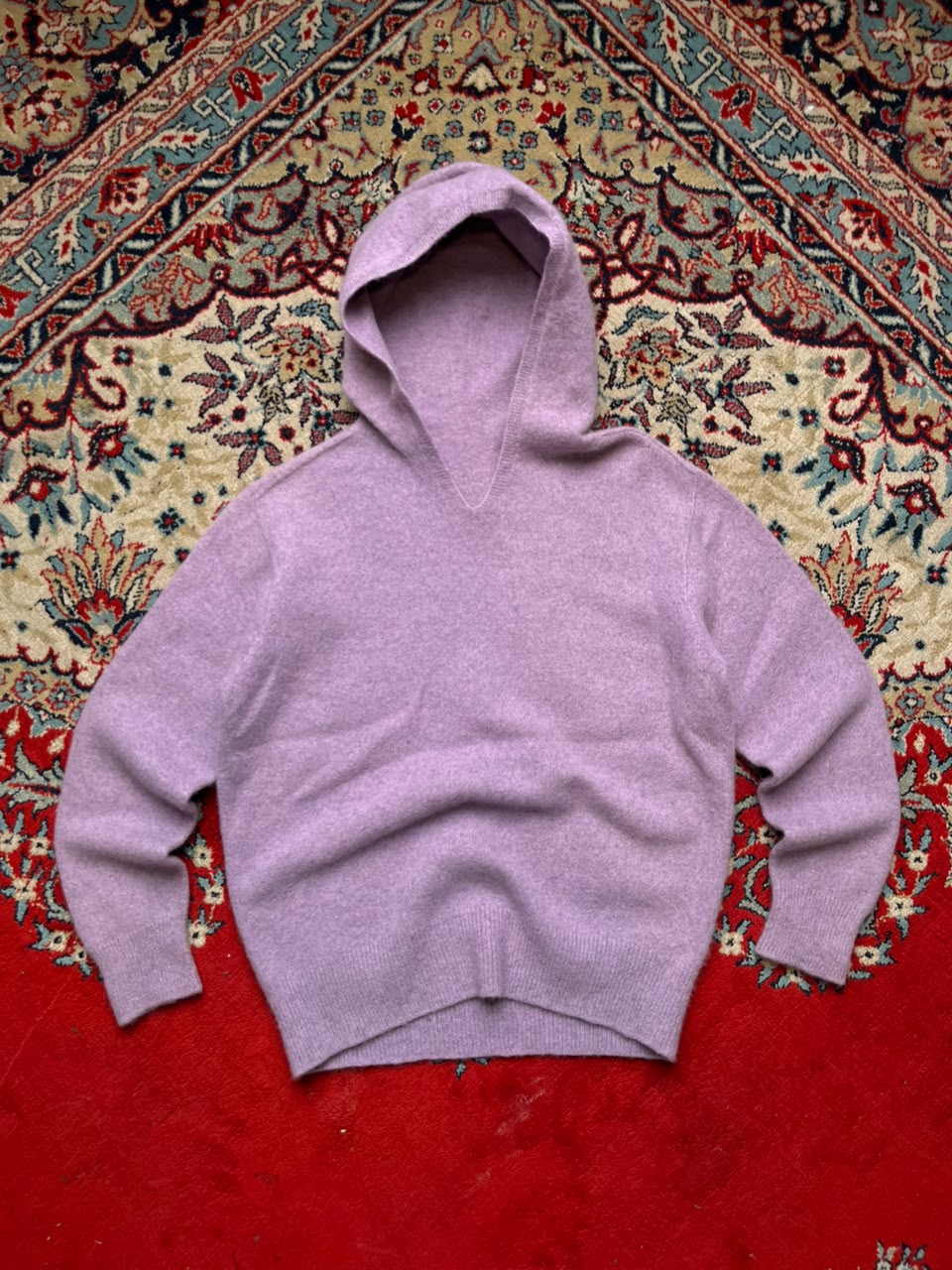 Lilac Heathered Knit V-Neck Pullover Hoodie - S