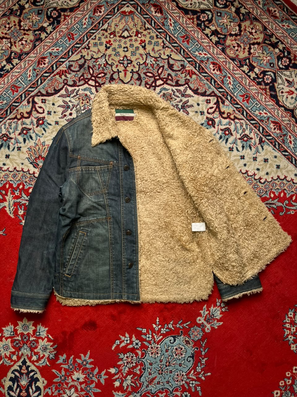 Vintage Bean Pole Sherpa Fleece-Lined Denim Trucker Jacket - L