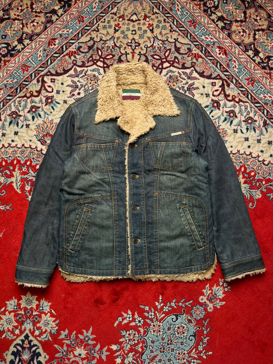 Vintage Bean Pole Sherpa Fleece-Lined Denim Trucker Jacket - L