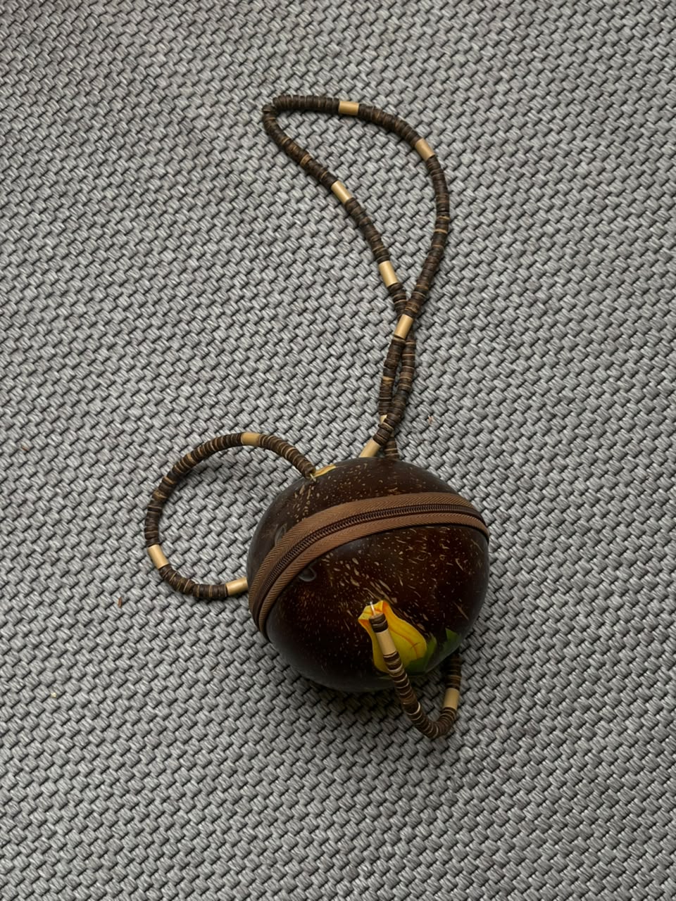 Vintage Coconut Shell Handbag Purse Hand Painted Rose Beaded Strap Crossbody
