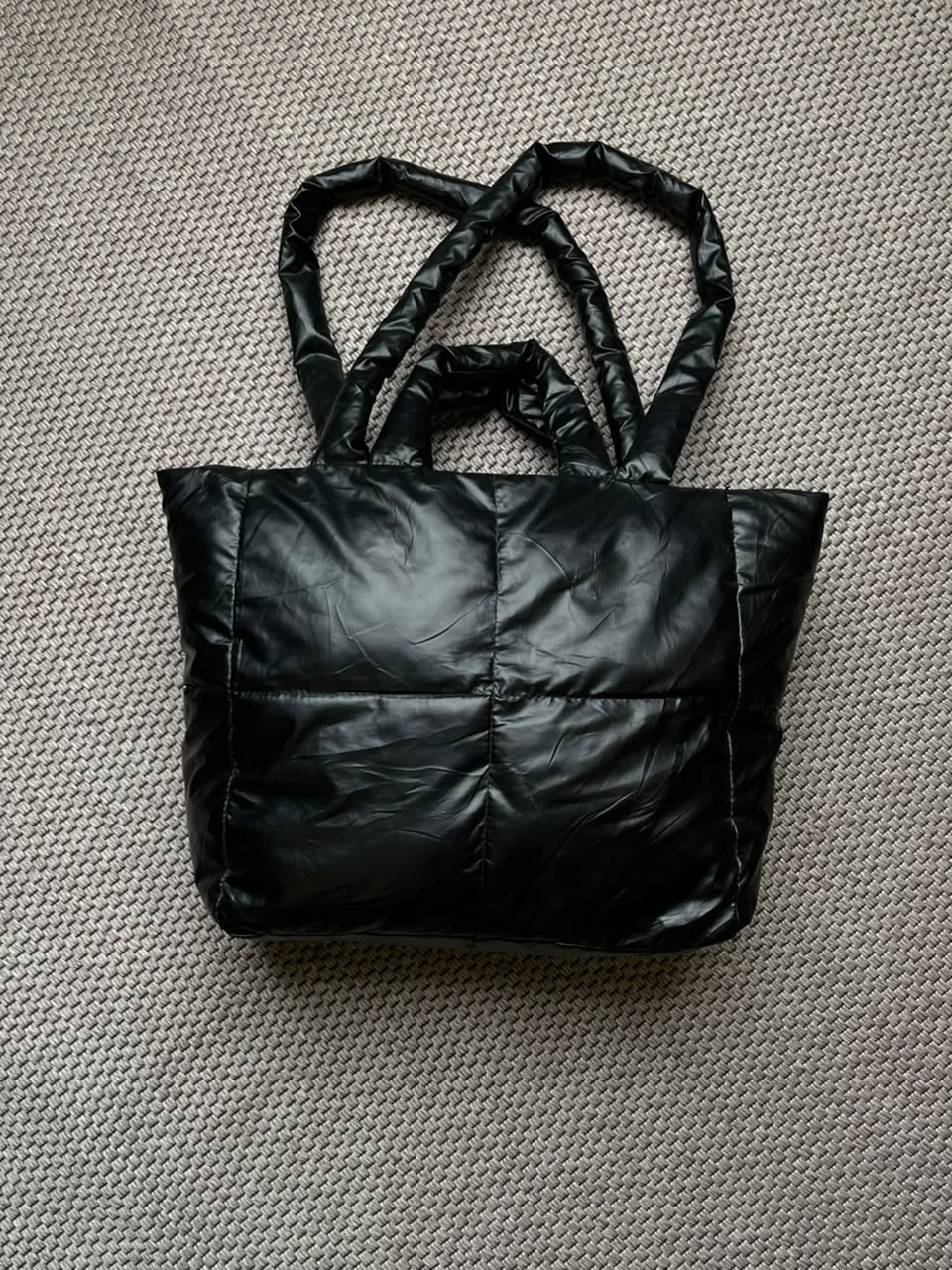 Black Quilted Puffer Tote Bag Large Padded Pillow Nylon Shoulder Handbag Purse