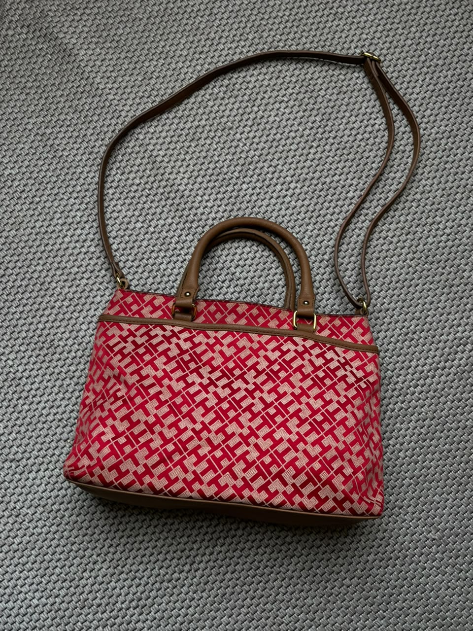 Tommy Hilfiger Monogram Satchel Bag Red TH Jacquard Crossbody Shoulder Tote Purse