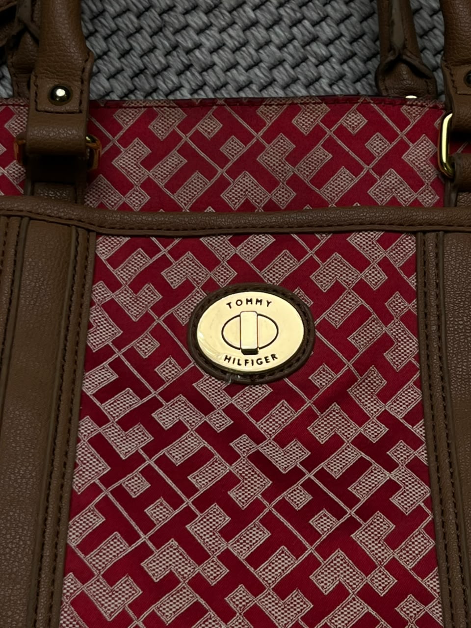Tommy Hilfiger Monogram Satchel Bag Red TH Jacquard Crossbody Shoulder Tote Purse