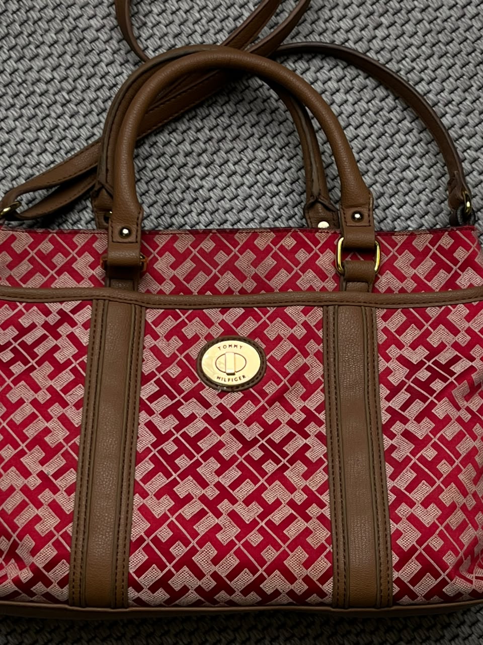 Tommy Hilfiger Monogram Satchel Bag Red TH Jacquard Crossbody Shoulder Tote Purse