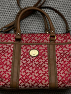 Tommy Hilfiger Monogram Satchel Bag Red TH Jacquard Crossbody Shoulder Tote Purse