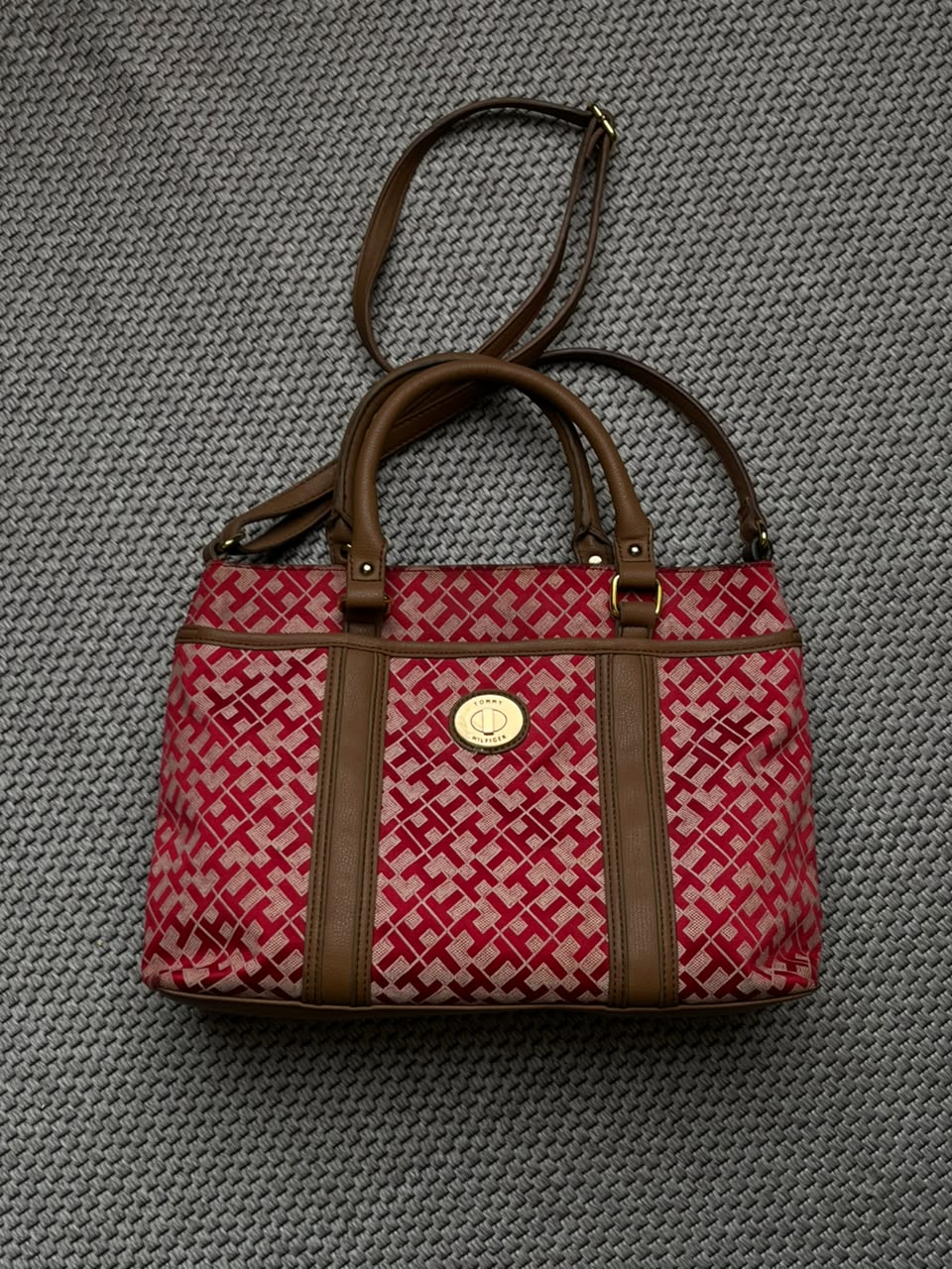 Tommy Hilfiger Monogram Satchel Bag Red TH Jacquard Crossbody Shoulder Tote Purse