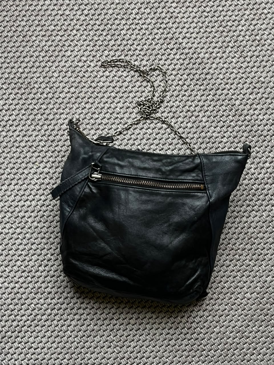 Black Soft Leather Fringe Tassel Crossbody Bag Silver Chain Boho Purse