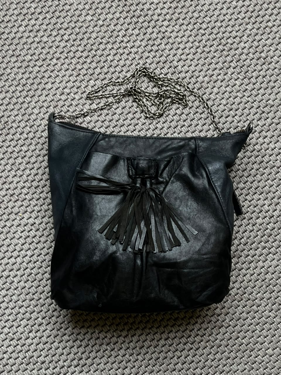 Black Soft Leather Fringe Tassel Crossbody Bag Silver Chain Boho Purse