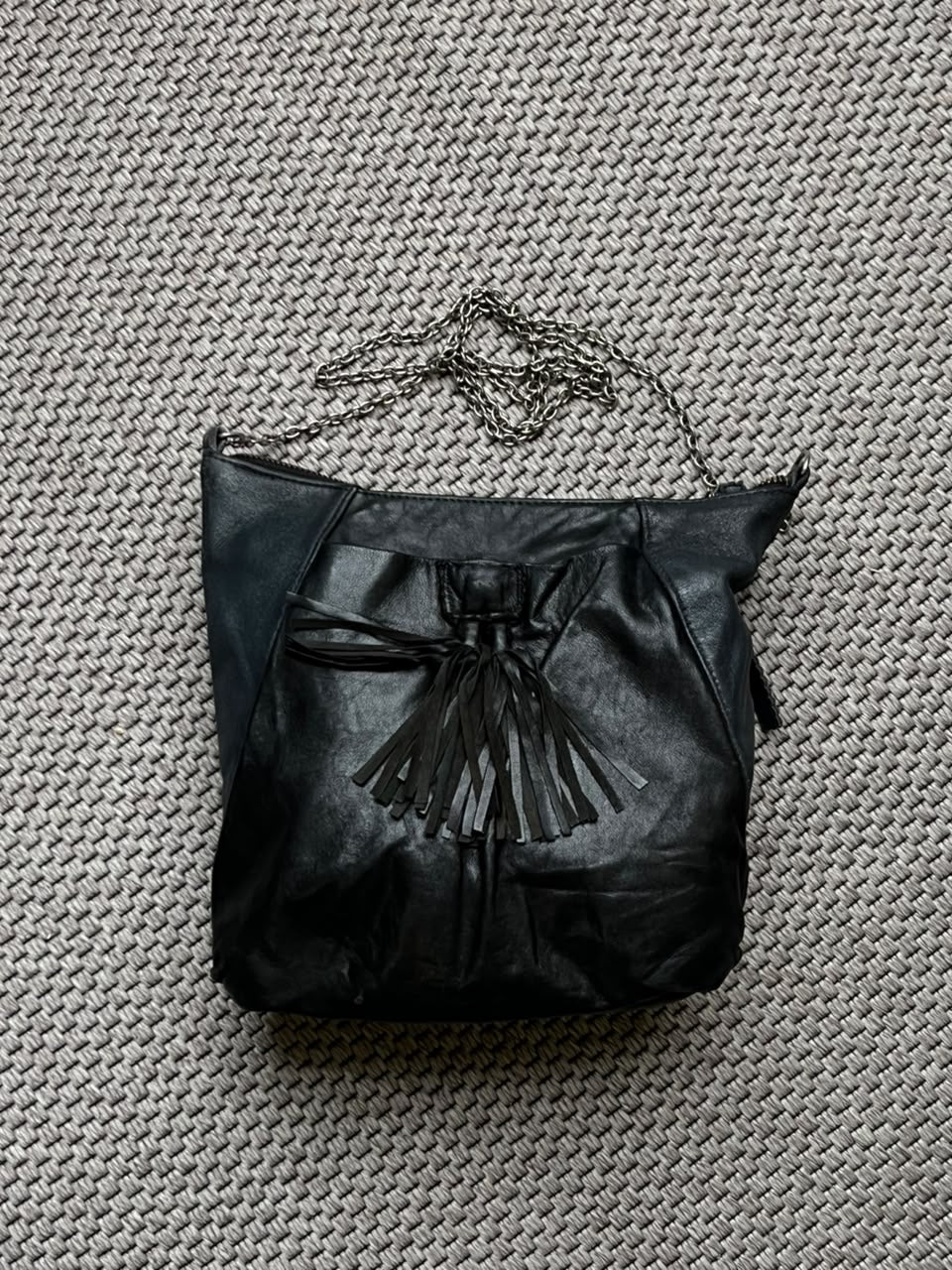 Black Soft Leather Fringe Tassel Crossbody Bag Silver Chain Boho Purse