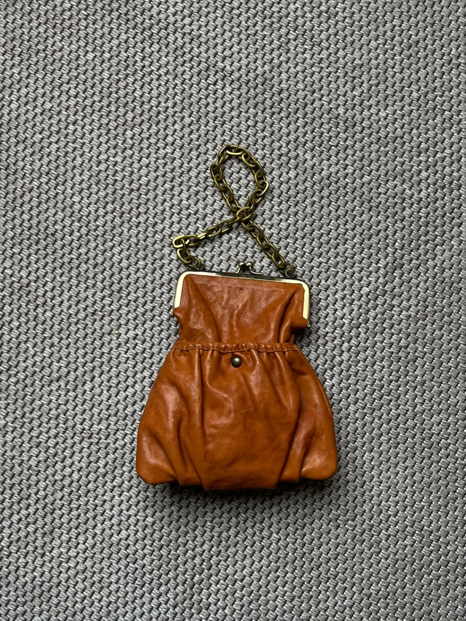 Vintage Cognac Brown Leather Kisslock Frame Evening Bag Chain Wristlet Purse