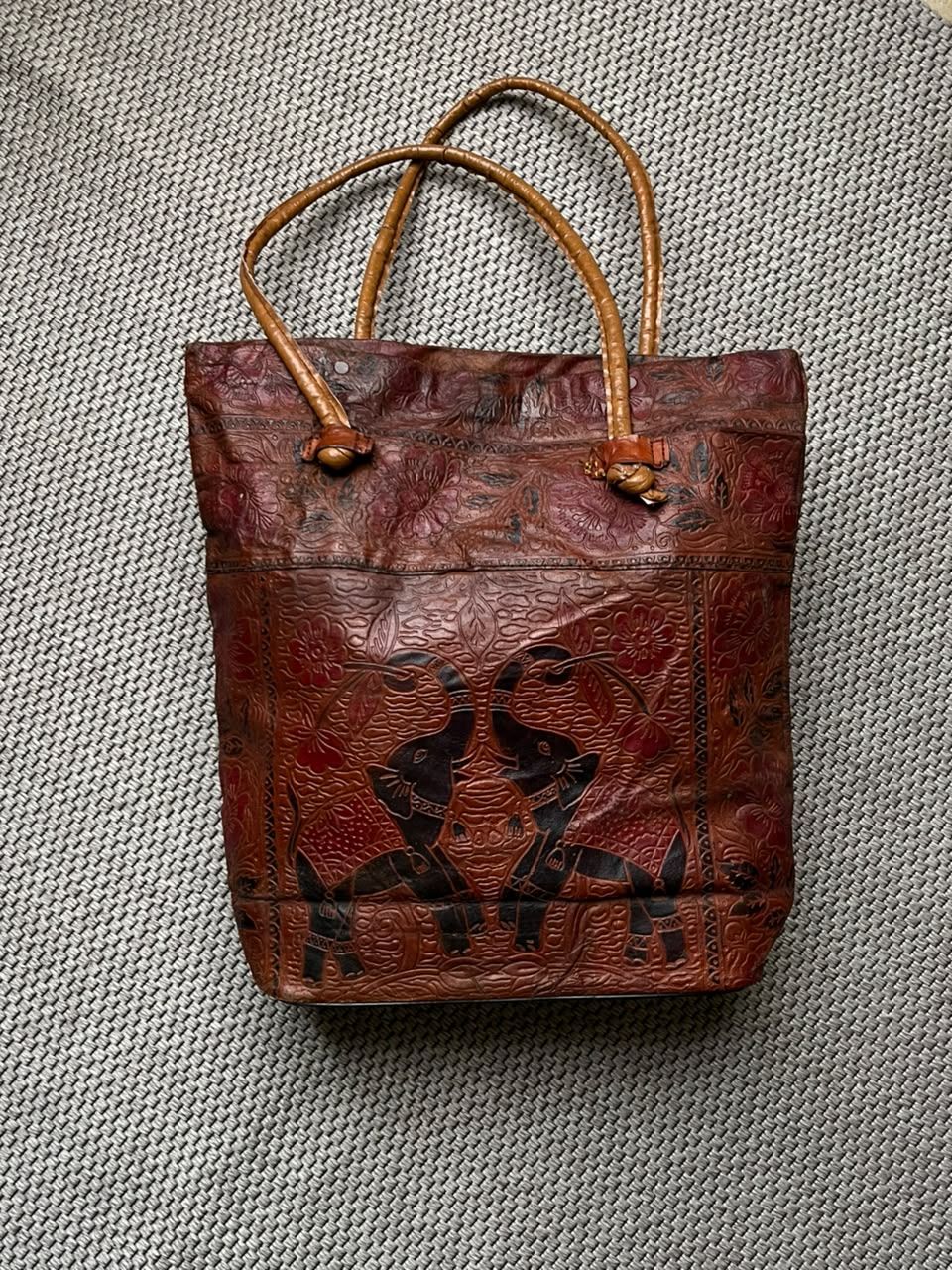 Vintage Hand Tooled Leather Elephant Tote Bag Floral Embossed