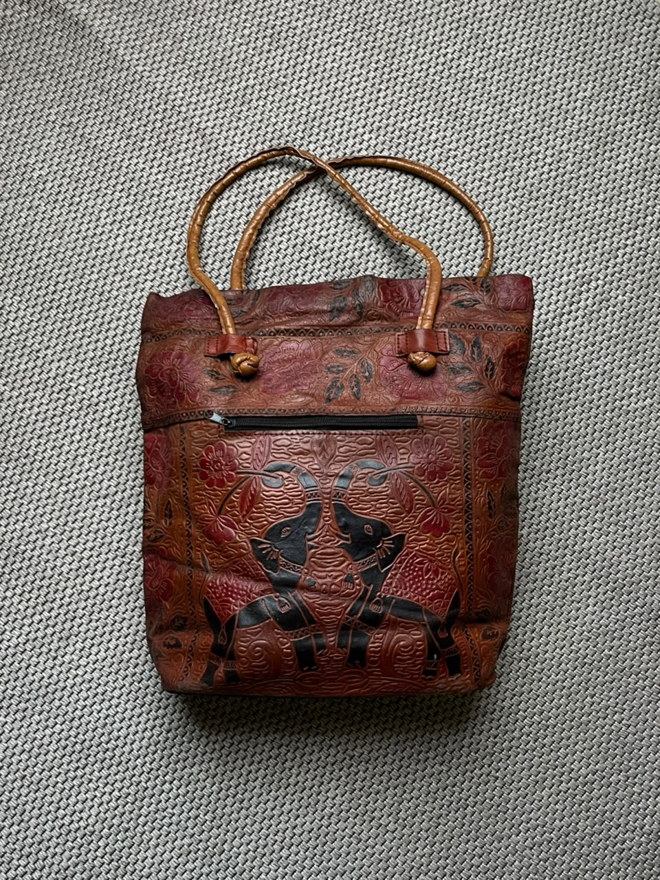 Vintage Hand Tooled Leather Elephant Tote Bag Floral Embossed