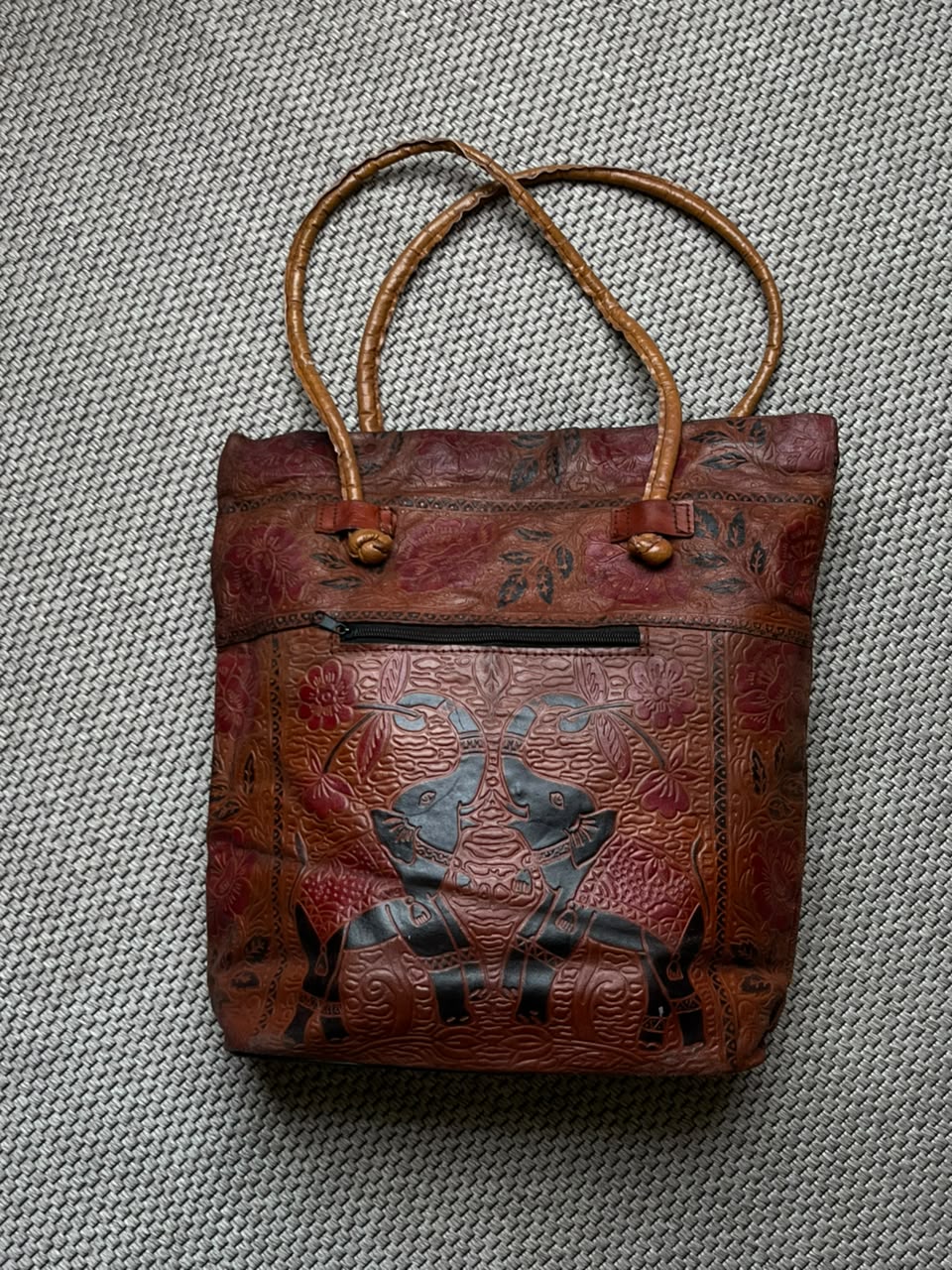 Vintage Hand Tooled Leather Elephant Tote Bag Floral Embossed