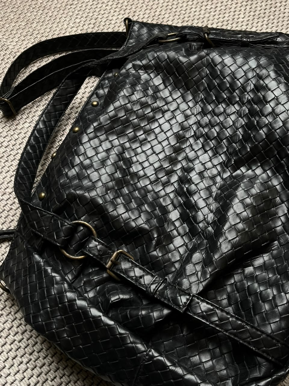 Black Woven Faux Leather Shoulder Bag Studded Slouchy Hobo Crossbody Strap Tote