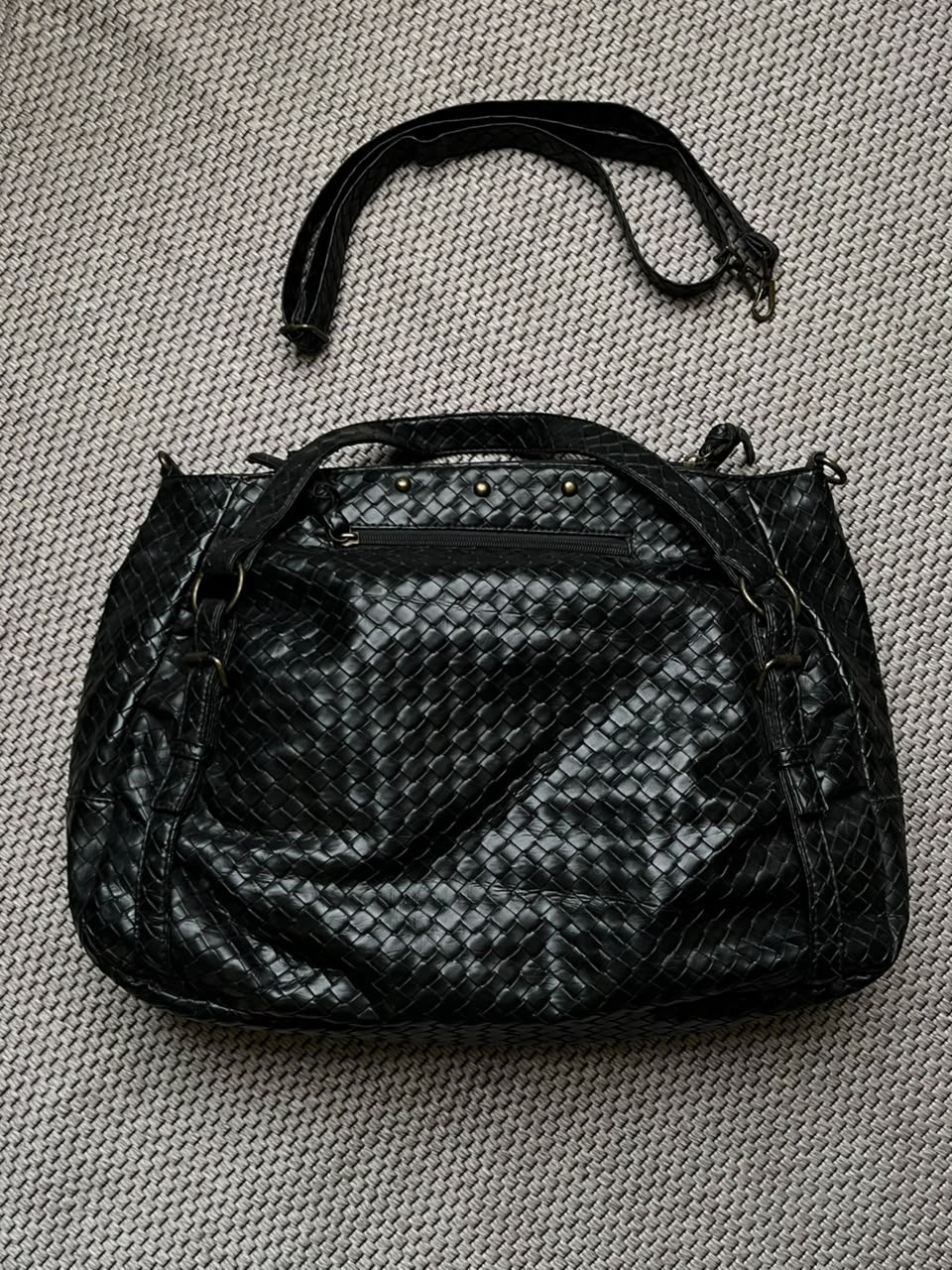 Black Woven Faux Leather Shoulder Bag Studded Slouchy Hobo Crossbody Strap Tote