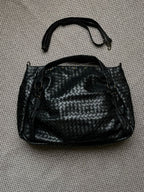 Black Woven Faux Leather Shoulder Bag Studded Slouchy Hobo Crossbody Strap Tote
