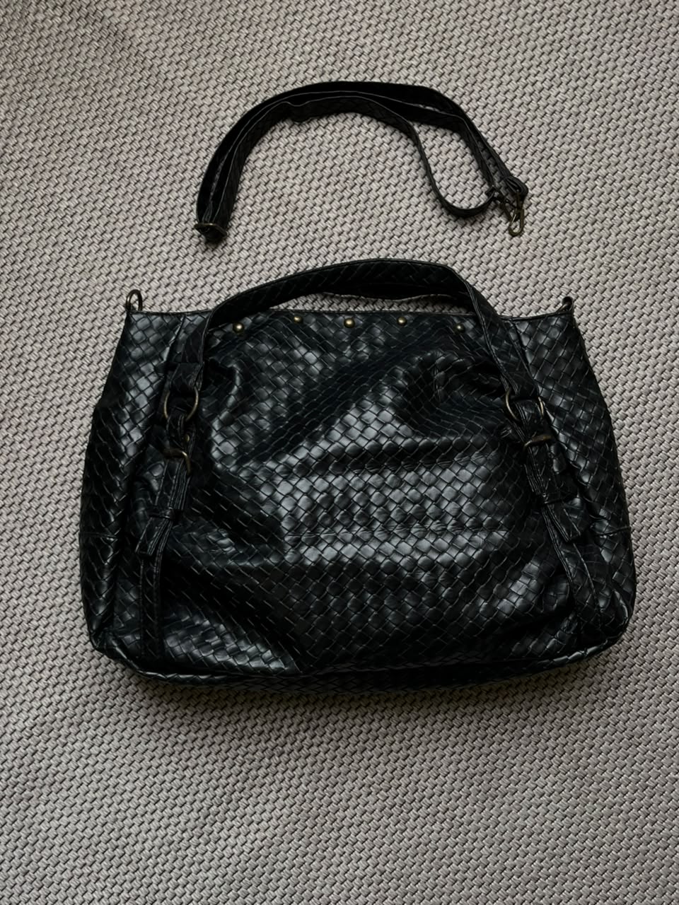 Black Woven Faux Leather Shoulder Bag Studded Slouchy Hobo Crossbody Strap Tote